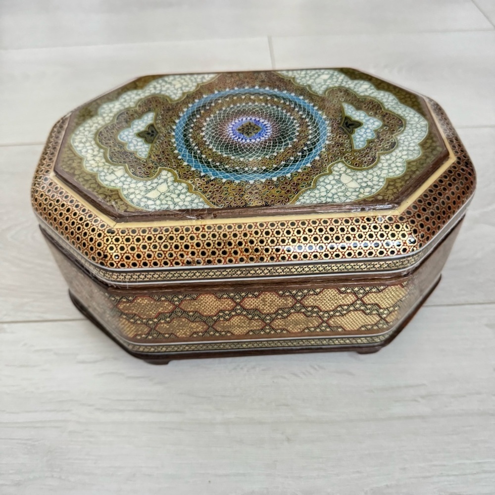 Vintage Micro Mosaic Jewelry Box Persian Hand Painted Khatam Inlay